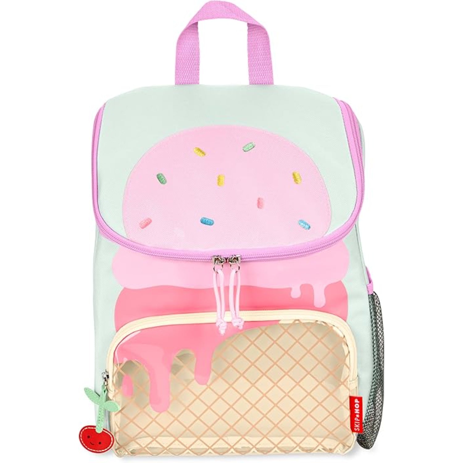 Mochila escolar verde con diseño de helado y detalles coloridos, vista frontal